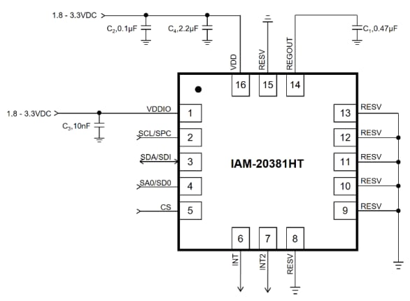 アプリケーション回路図 - TDK InvenSense IAM-20381HT 3軸加速度計